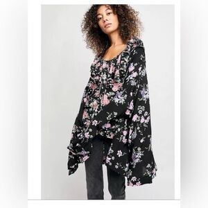 Free People Black Floral Ruffle Tunic Dress with Pink Blossoms